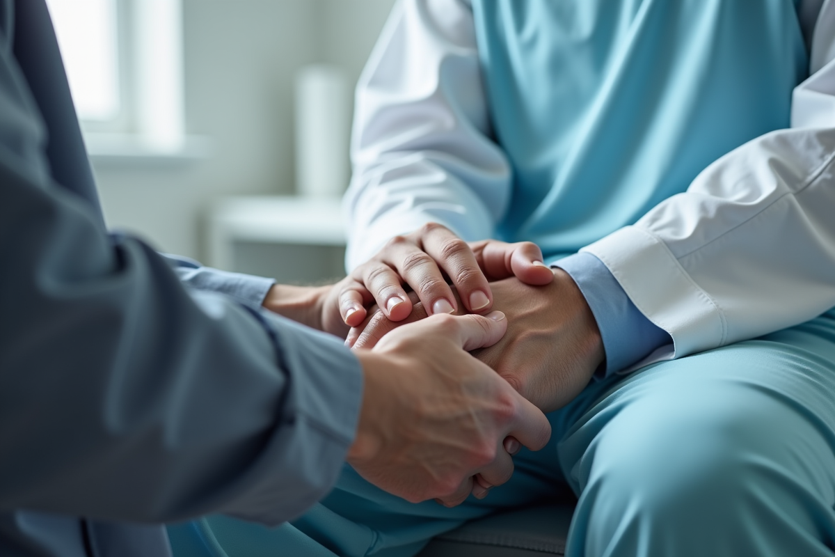 Main de medecin soutenant un homme lors d un examen medical