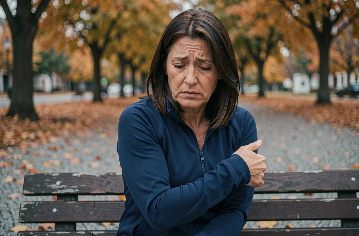 Femme en veste de sport tenant son bras gauche avec fatigue assise sur un banc de parc en automne