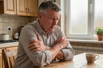 Homme d'une cinquantaine d'années tenant son bras gauche douloureux assis à une table de cuisine, expression préoccupée