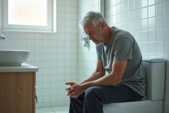 Adulte assis sur les toilettes en position penchée en avant exprimant une gêne abdominale lors d'une constipation douloureuse