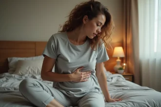 Femme tenant son côté droit douloureux assise sur le bord d'un lit, exprimant fatigue et douleur abdominale