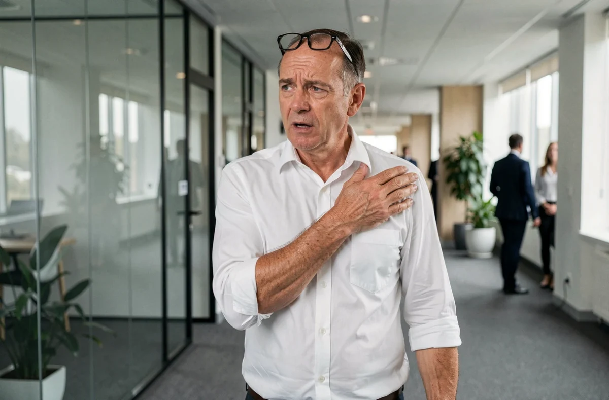Homme d'affaires en chemise blanche s'arrêtant dans un couloir de bureau en tenant son épaule gauche avec une expression de douleur soudaine