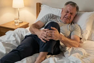 Homme d'âge moyen souffrant d'une douleur au genou la nuit, allongé dans son lit et tenant son genou avec les deux mains