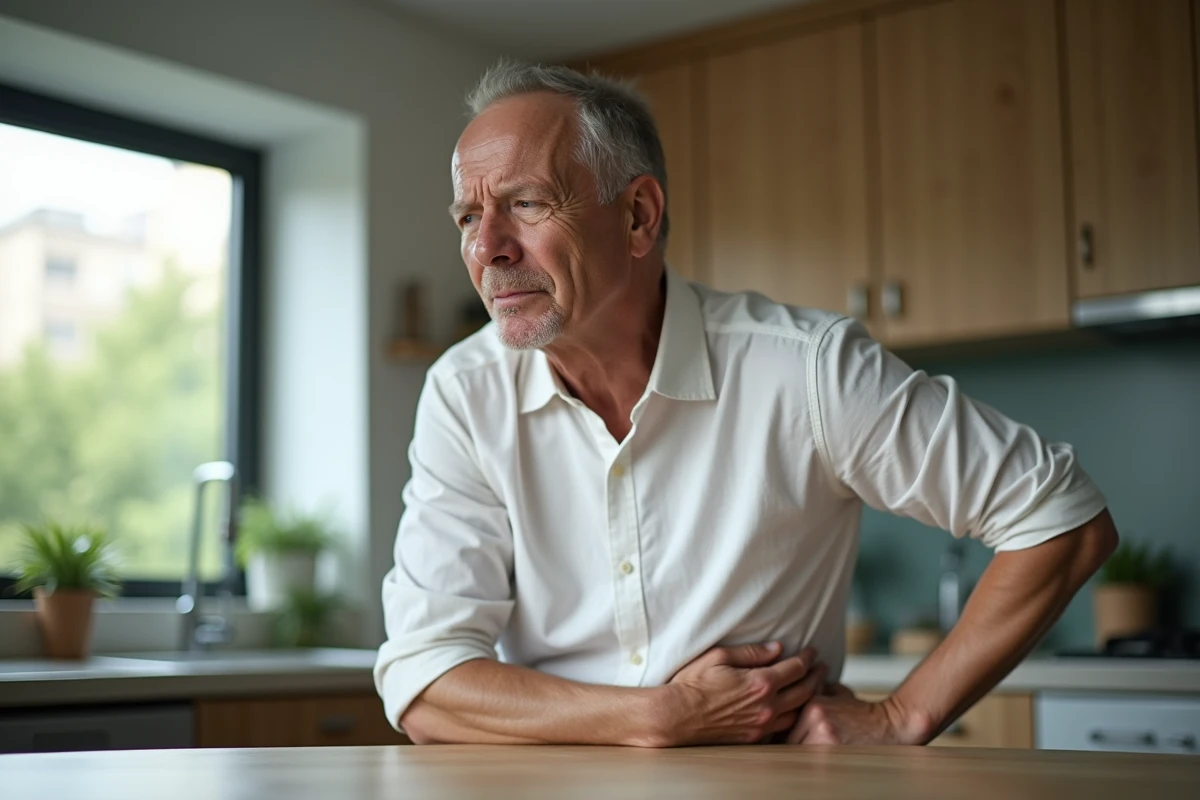 Homme épuisé appuyant sa main sur le côté droit sous les côtes à une table de cuisine moderne