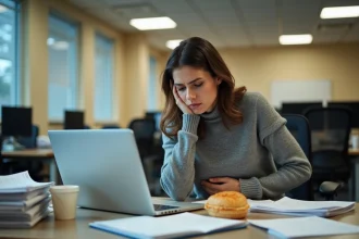 Femme souffrant de douleurs abdominales liées aux kystes aux ovaires en raison du stress au travail et d'une mauvaise alimentation