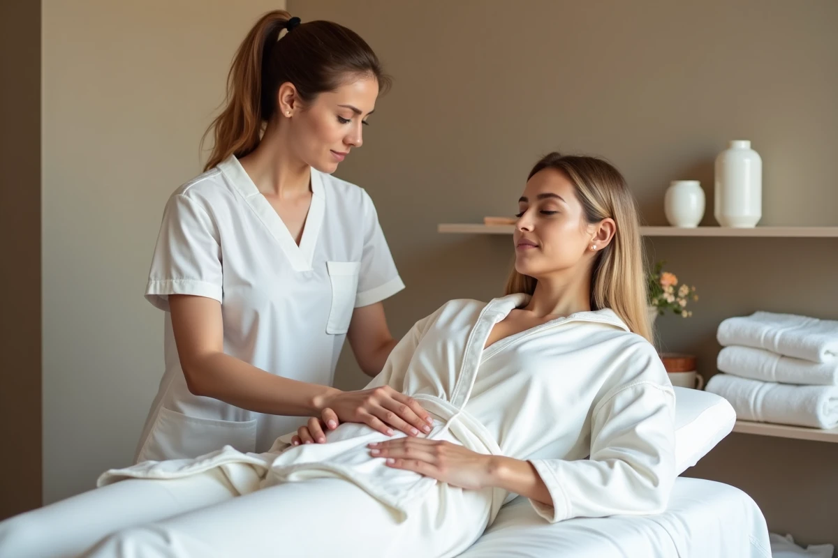 Séance de drainage lymphatique manuel en institut de beauté pour affiner le mont de Vénus sans chirurgie de façon naturelle