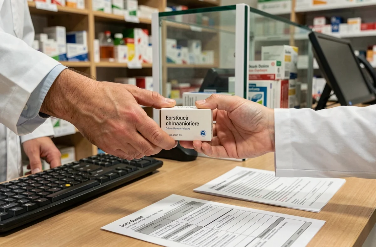 Échange de médicament entre un pharmacien de garde et un patient au comptoir d'une pharmacie de nuit dans l'Oise