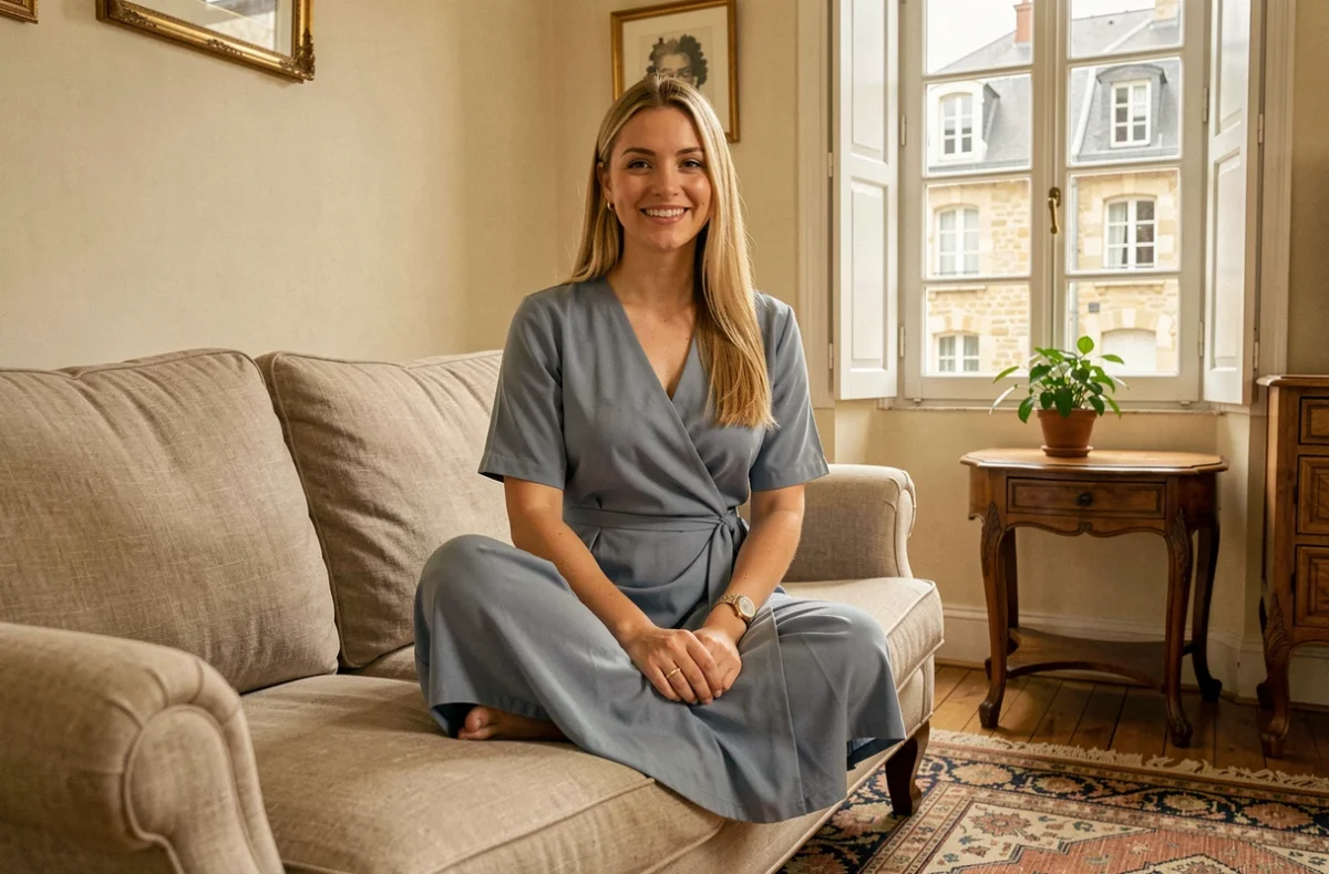 Émilie Remaud, psychologue à Fontenay-le-Comte, détendue et souriante dans son cabinet au décor provincial chaleureux