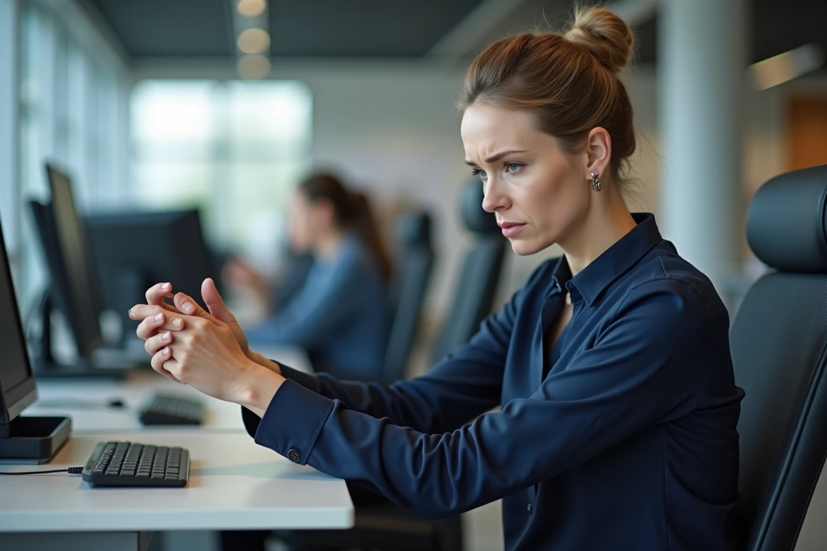 Employée de bureau examinant son poignet douloureux au travail, dans le cadre d'une reconnaissance de tendinopathie au tableau des maladies professionnelles