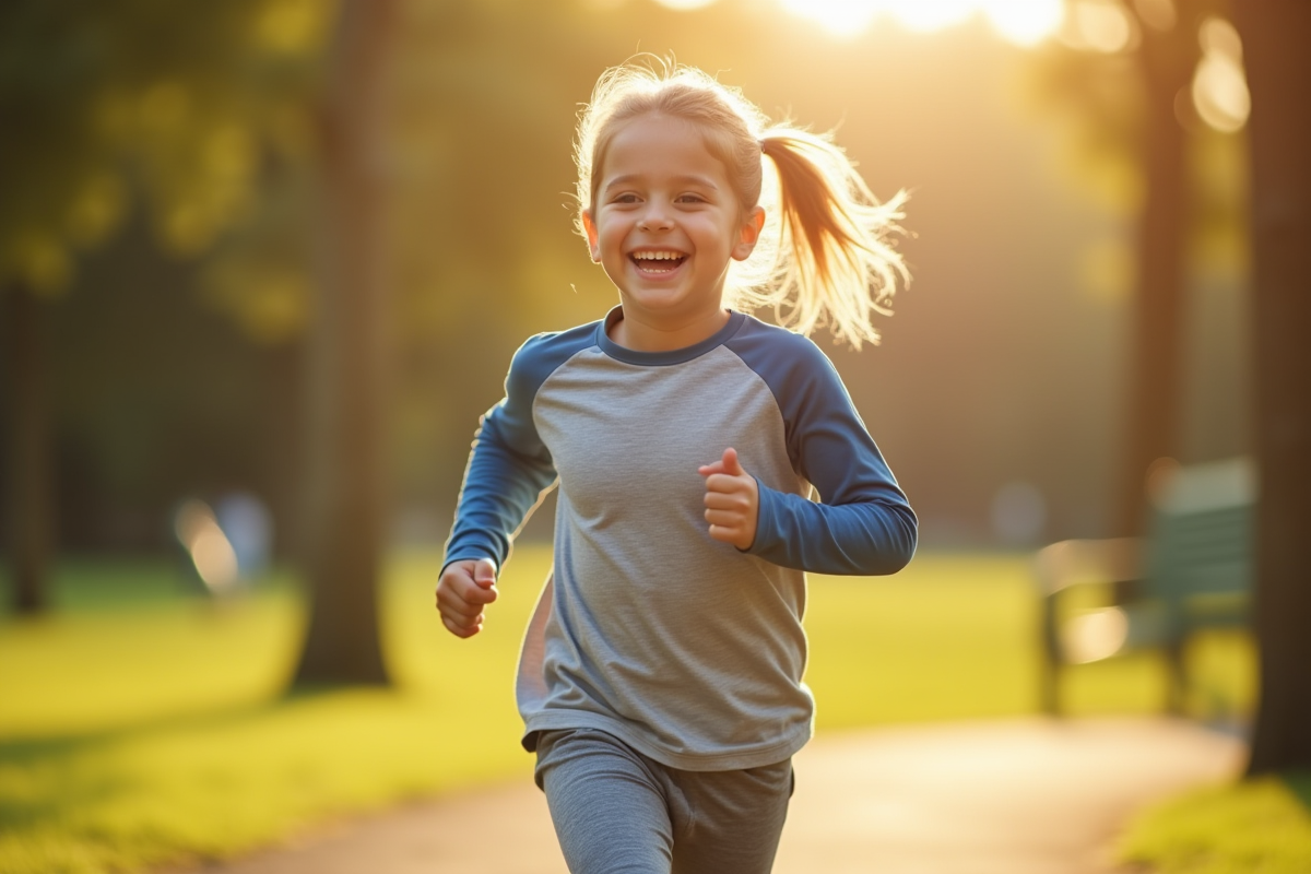 Enfant souriant courant dans un parc ensoleille avec tenue sportive