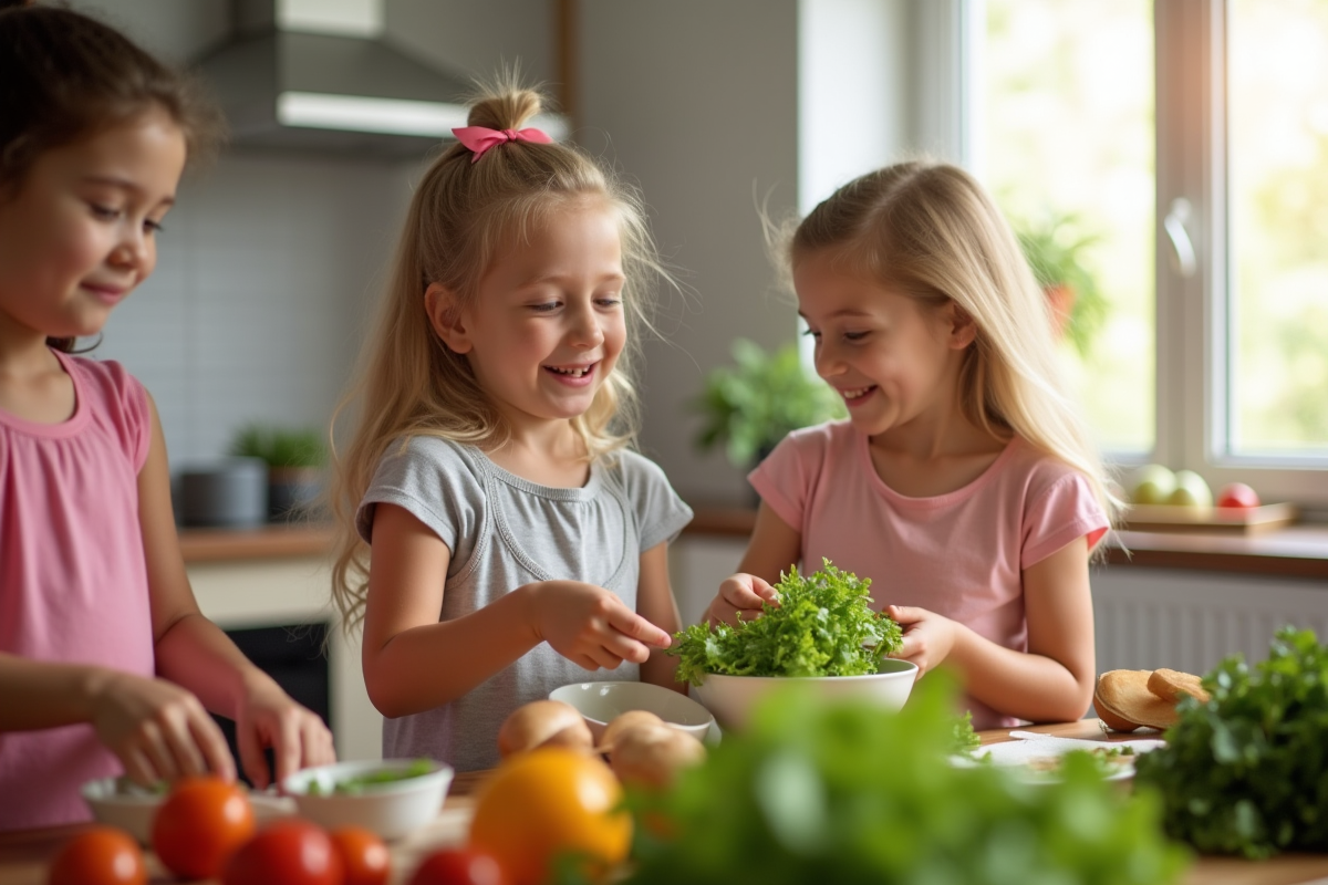 Groupe d enfants préparant une salade saine dans une cuisine lumineuse