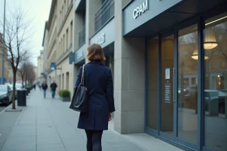 Entrée principale d'une agence CPAM avec signalétique administrative et accès piéton sur trottoir urbain
