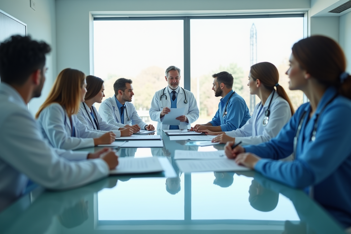 Groupe de medecins et infirmiers en reunion hospitaliere