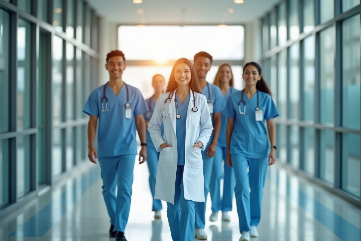 Équipe médicale dans un hôpital lumineux et moderne