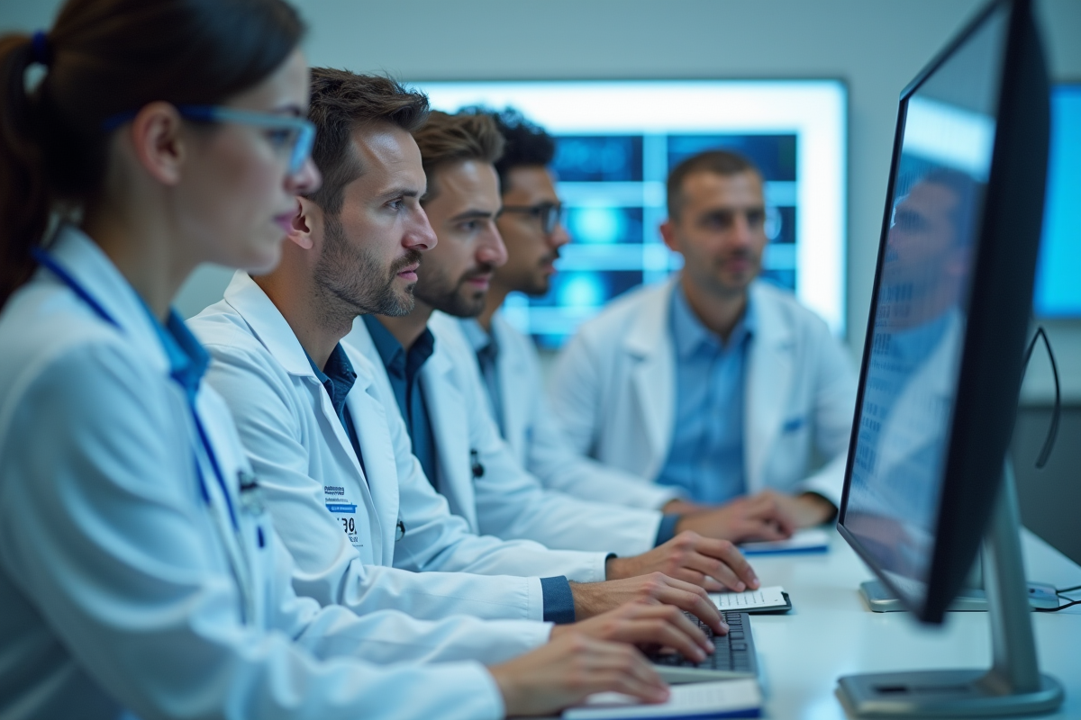Equipe de médecins en laboratoire pour traitement du cancer