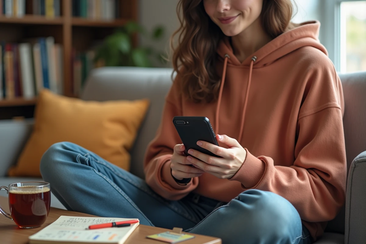 Jeune étudiante consultant une application de remboursement mutuelle Camueg sur smartphone depuis chez elle