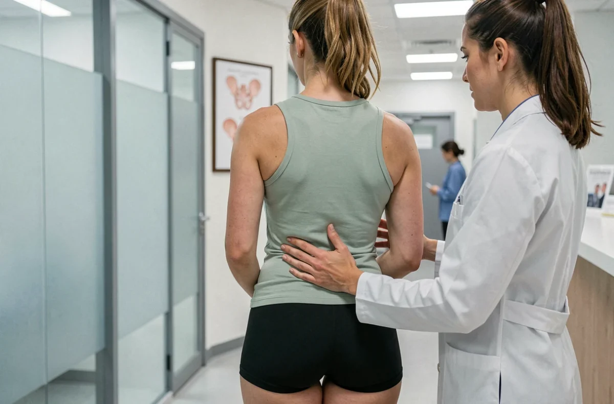 Ostéopathe évaluant l'alignement du bassin d'une femme en post-partum dans un cabinet de physiothérapie