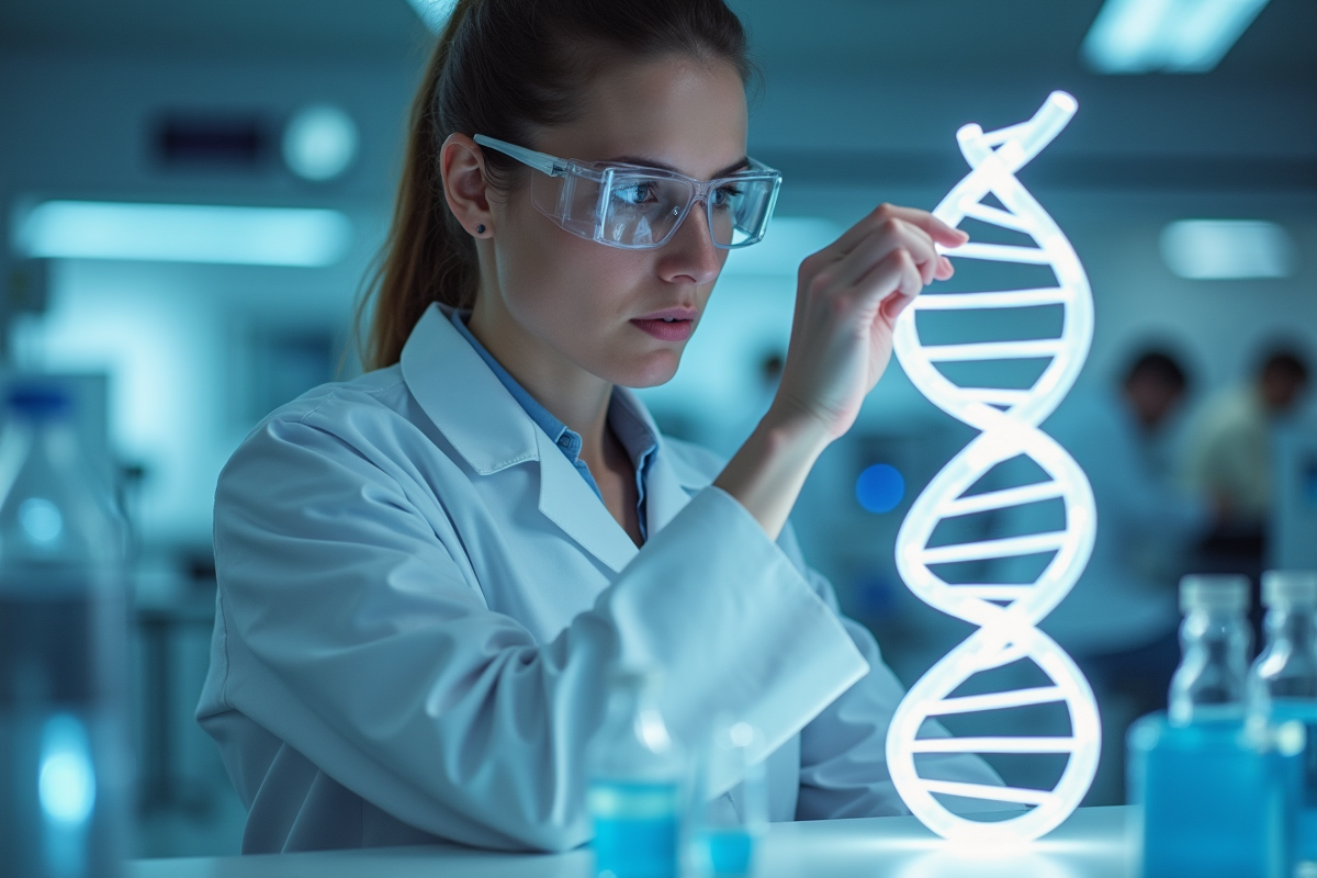 Chercheur en laboratoire examinant une double helix ADN