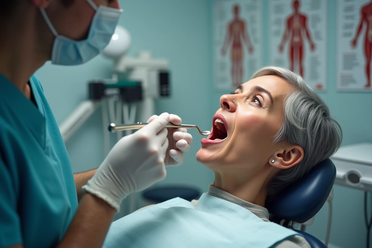 Examen buccal d'un patient adulte par un dentiste pour détecter des lésions de la langue dans un cabinet médical