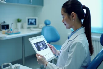 Professionnel de santé dentaire examinant des photographies cliniques buccales sur une tablette dans un cabinet médical moderne