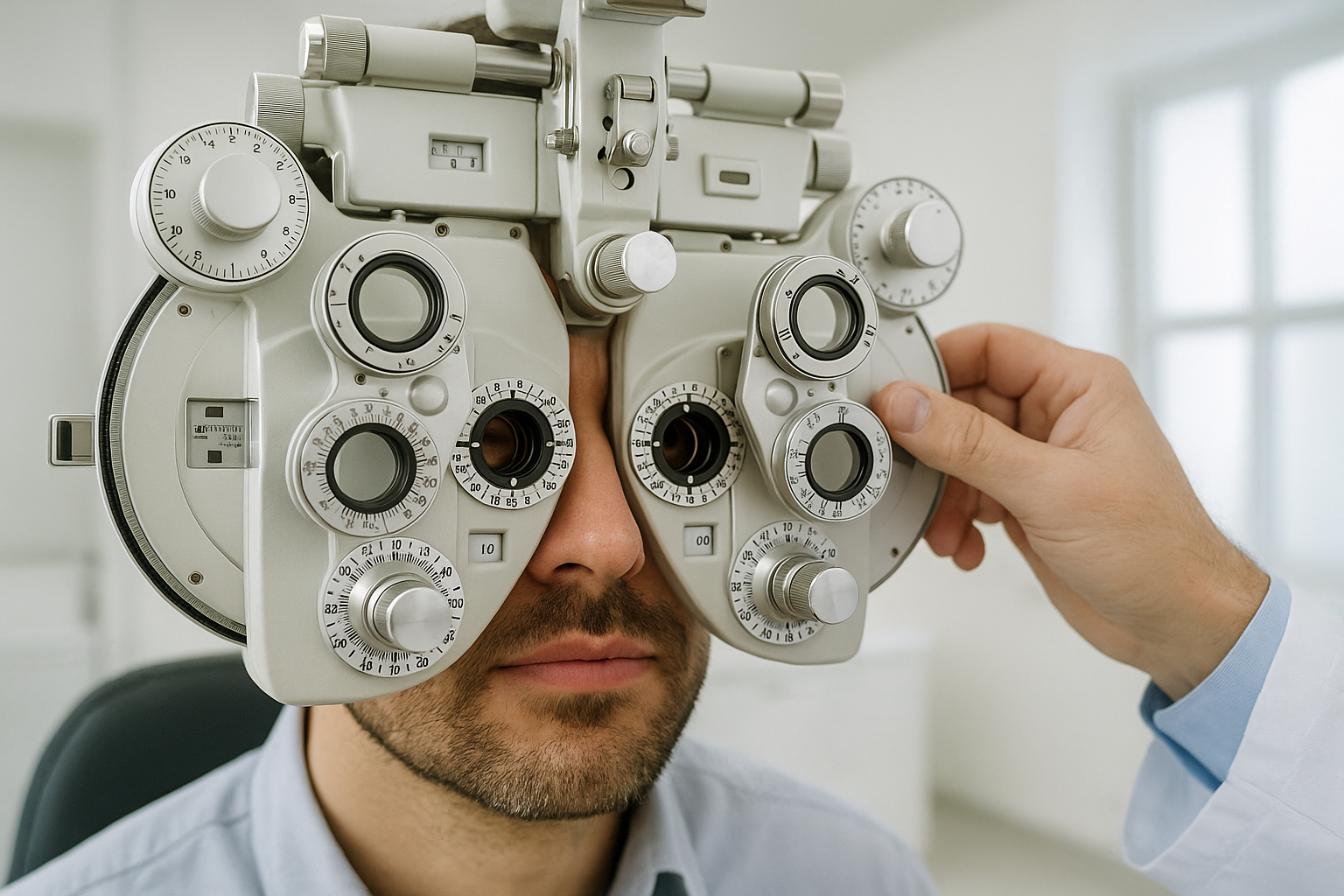 Examen de la vue en cours avec un phoropter dans une salle bien éclairée