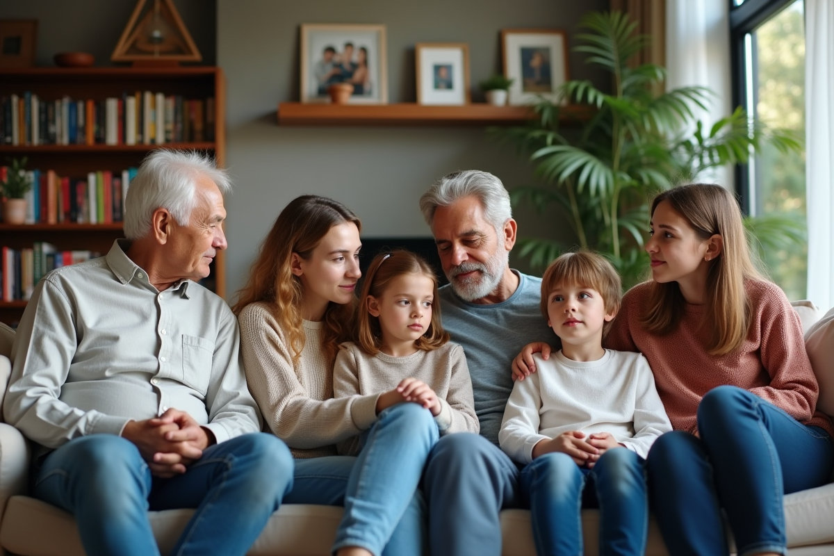 Famille multigeneration réunie dans un salon chaleureux
