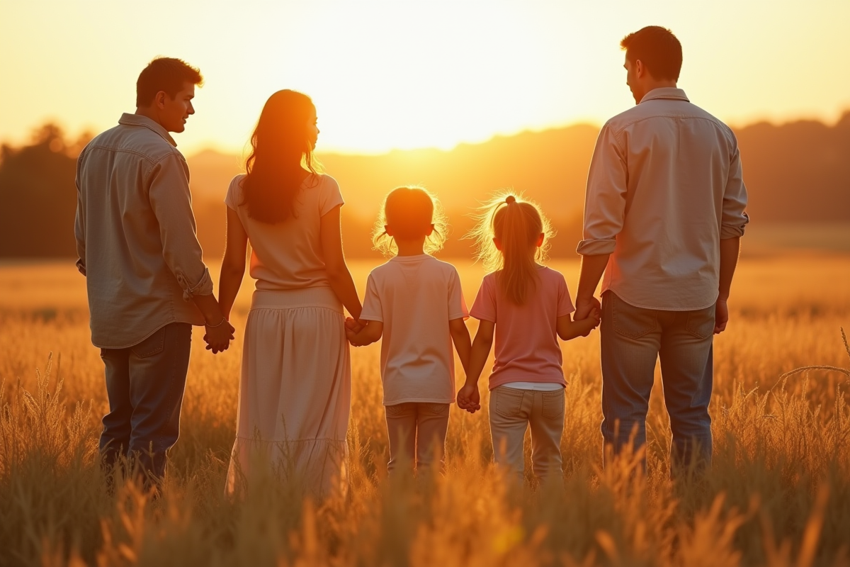 Groupe familial dans un paysage rural en plein air