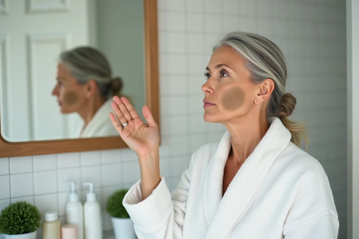Femme de 60 ans observant une verrue séborrhéique sur sa joue dans un miroir de salle de bain