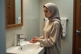 Jeune femme en ablution dans une salle de bain moderne