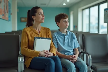 Femme et adolescent dans une salle d'attente d'hôpital