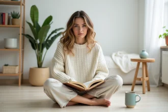 Femme écrivant des affirmations positives dans un journal intime posé sur ses genoux dans un intérieur minimaliste et serein