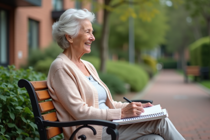 Femme agee souriante dans un jardin communautaire