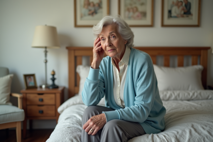 Femme agee assise sur le lit avec expression inquiète