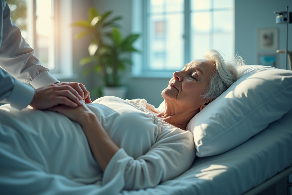 Femme agee repose paisiblement dans un lit d'hôpital