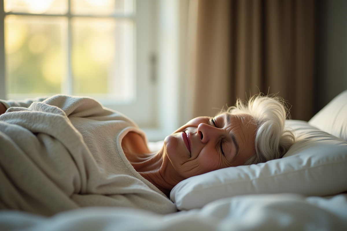 Femme agee dormant paisiblement dans une chambre lumineuse