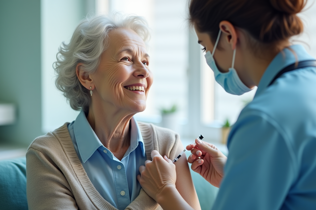 Femme agee recevant un vaccin contre la rougeole