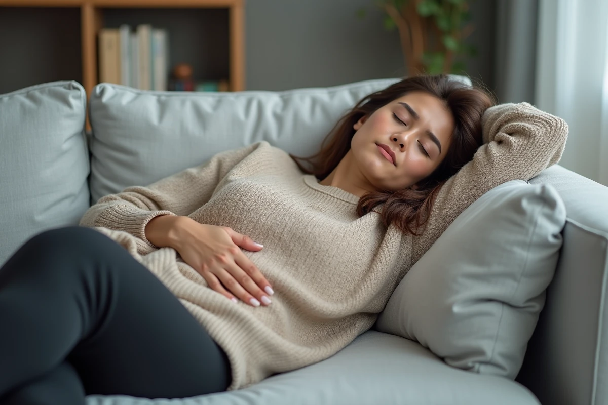 Jeune femme allongée sur un canapé tenant son côté droit douloureux avec une expression de fatigue intense