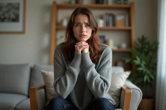 Femme anxieuse assise sur une chaise, mains crispées, exprimant une sensation de tension et de tremblement intérieur liée à l'anxiété généralisée