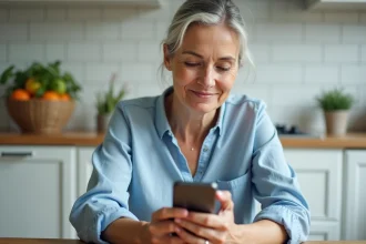 Femme d'âge moyen utilisant une application de suivi du diabète sur smartphone dans une cuisine moderne