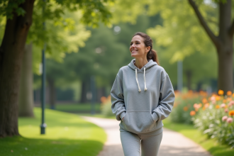 Femme souriante se promenant dans un parc urbain verdoyant