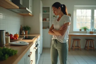 Femme frustrée regardant une balance dans sa cuisine après une semaine de régime sans résultats