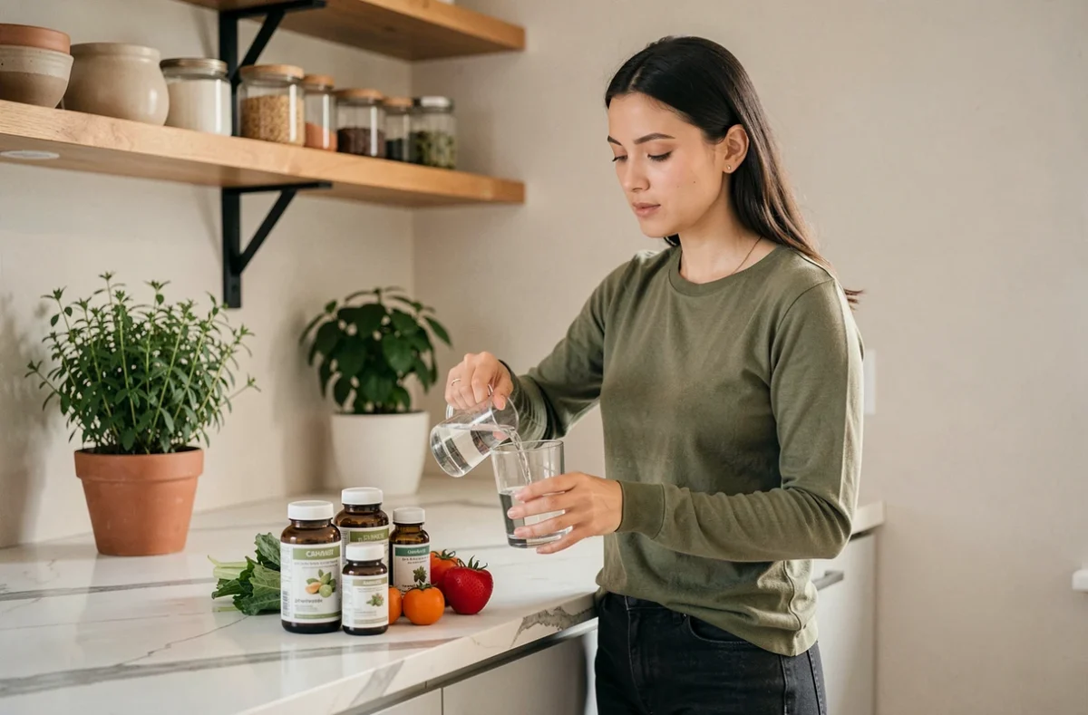 Femme préparant une routine bien-être avec des compléments naturels dans une cuisine lumineuse pour retrouver énergie et équilibre