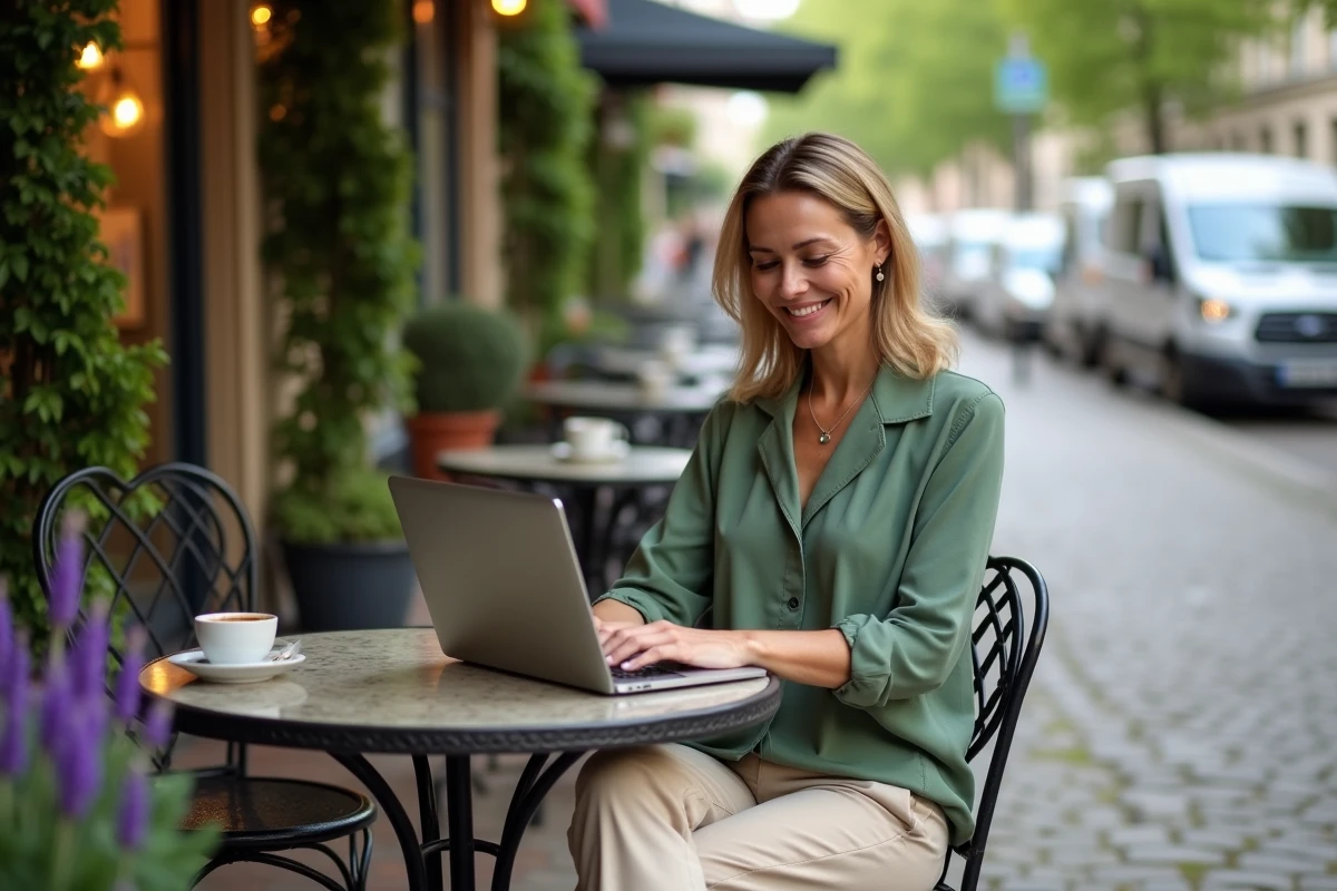 Femme consultant le blog Positivia sur son ordinateur portable en terrasse de café parisien