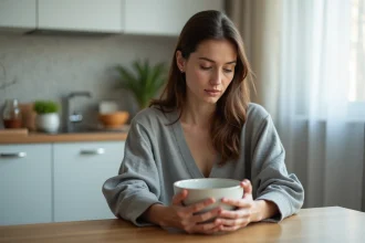 Femme assise devant un bol vide dans une cuisine moderne, illustrant le jeûne et l'alimentation contrôlée