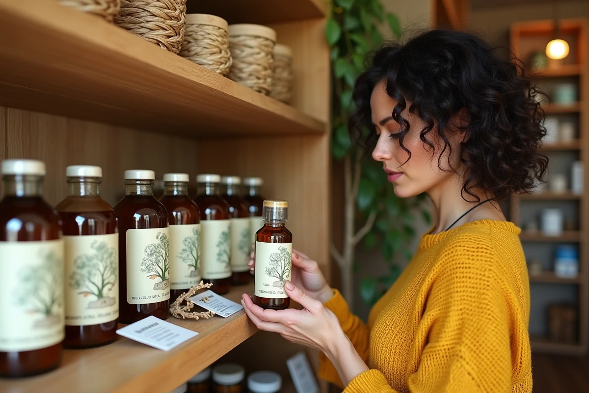 Femme en boutique bio choisissant une bouteille de sève de bouleau parmi plusieurs produits naturels sur une étagère en bois
