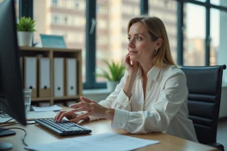 Femme d affaires en bureau lisant des documents