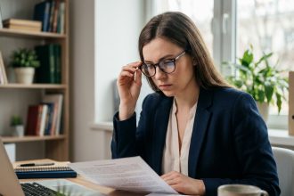 Jeune femme en bureau ajustant ses lunettes