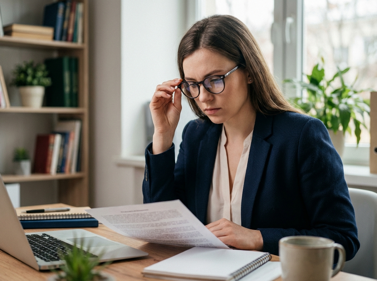 Jeune femme en bureau ajustant ses lunettes