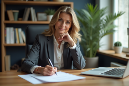 Femme d'âge moyen écrivant une lettre dans un bureau cosy