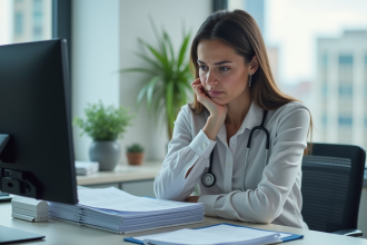 Femme d affaires regardant des rapports médicaux dans un bureau